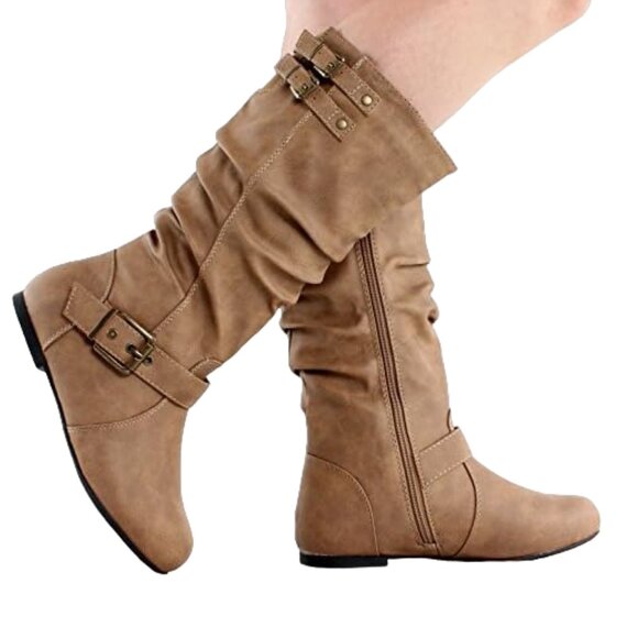 Top Moda Taupe Slouch Mid-Calf Boots – Round Toe Buckle Detail Flat Heel Casual - Picture 2 of 7